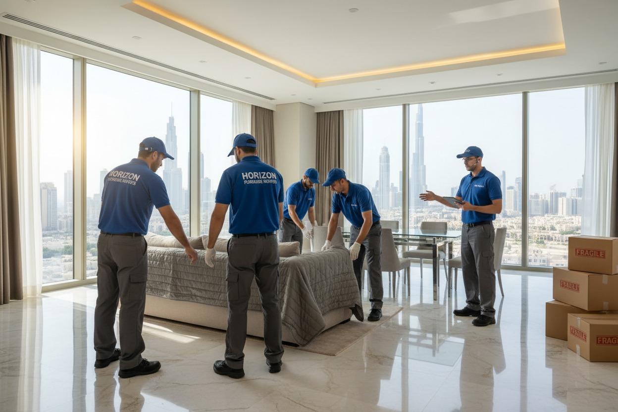Four professional movers in blue uniforms arrange a sofa in a luxury apartment with a view of the Dubai skyline.