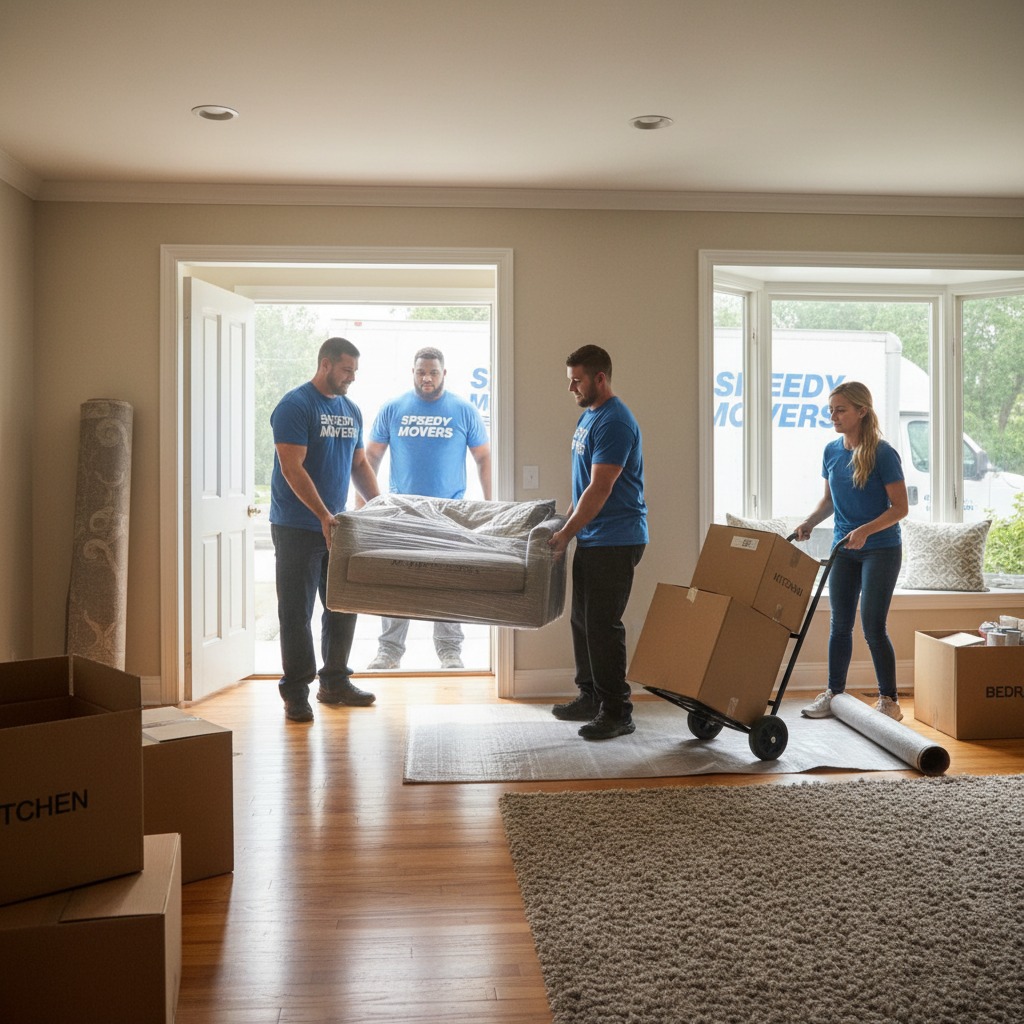 Four professional movers in blue matching shirts carry boxes and furniture into a bright, unfurnished living room.