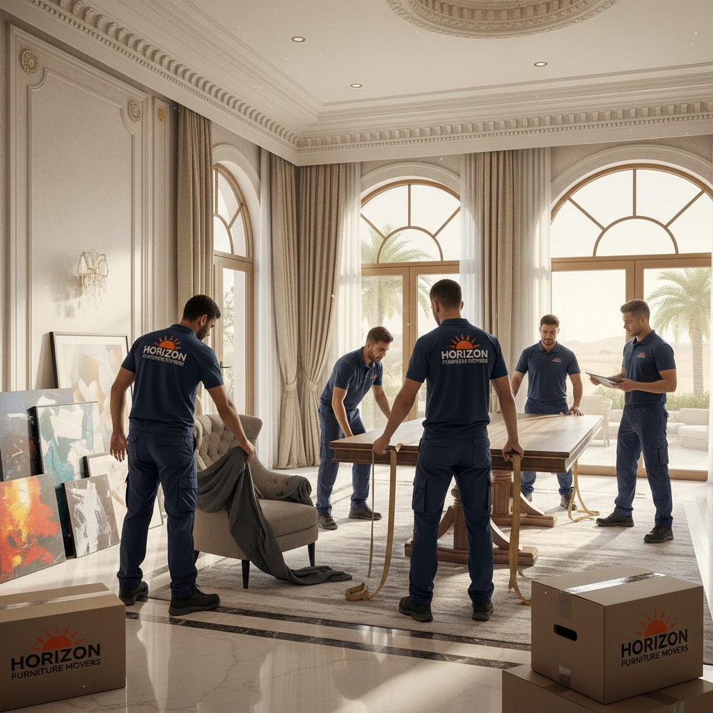 Four professional movers in branded navy uniforms carefully prepare furniture and artwork for transport inside a luxurious, sunlit living room.