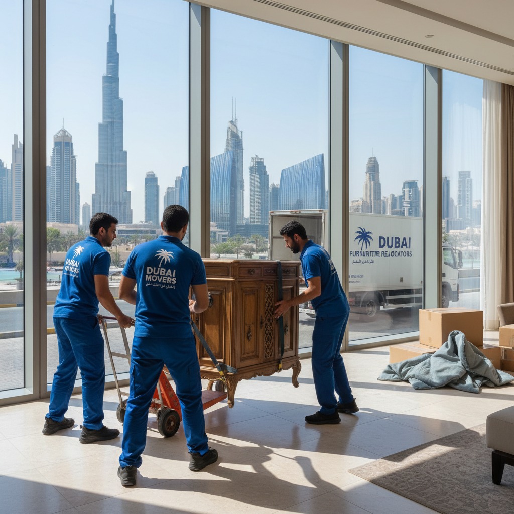 Three movers in blue uniforms work together to move a large wooden cabinet inside a high-rise apartment with a view of the Dubai skyline.