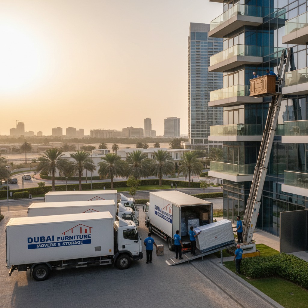 Movers unload a truck while a lift hoist raises furniture to a high balcony of a modern building.