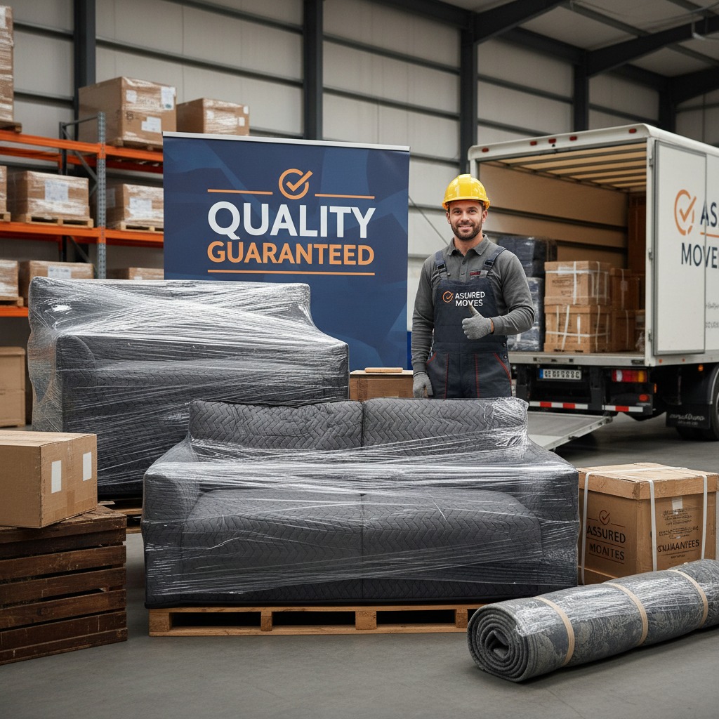 A smiling mover in a hard hat gives a thumbs-up in a warehouse beside a truck and furniture wrapped in plastic.